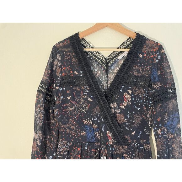 Dark Floral Babydoll Dress Sheer Chiffon Lace Accents Size Small Whimsigoth Boho - Picture 4 of 7